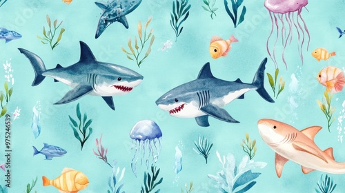 Seamless pattern with shark,fish,Marine Life element Animal Life in under sea world,Design for textiles,Watercolor seamless pattern with underwater world,shellfish,coral,Vector Cartoon illuration.