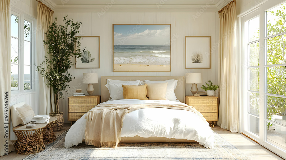 A cozy bedroom with a coastal theme, featuring a white bed with a throw, two nightstands, and a framed seascape print. A cozy bedroom with a coastal theme, featuring a white bed with a throw, two nightstands, and a framed seascape print.