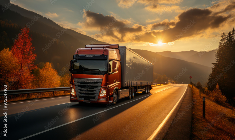 Large professional long distance delivery truck drives down the road generated AI Large professional long distance delivery truck drives down the road generated AI
