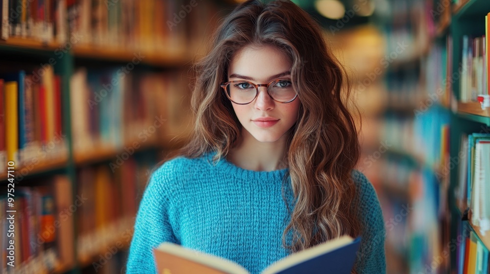 Young female customer reading a book in bookstore,Woman picking a book to reads a book while standing in a vibrant,Girl choosing what to read in bookstore,Education, studying concept Young female customer reading a book in bookstore,Woman picking a book to reads a book while standing in a vibrant,Girl choosing what to read in bookstore,Education, studying concept
