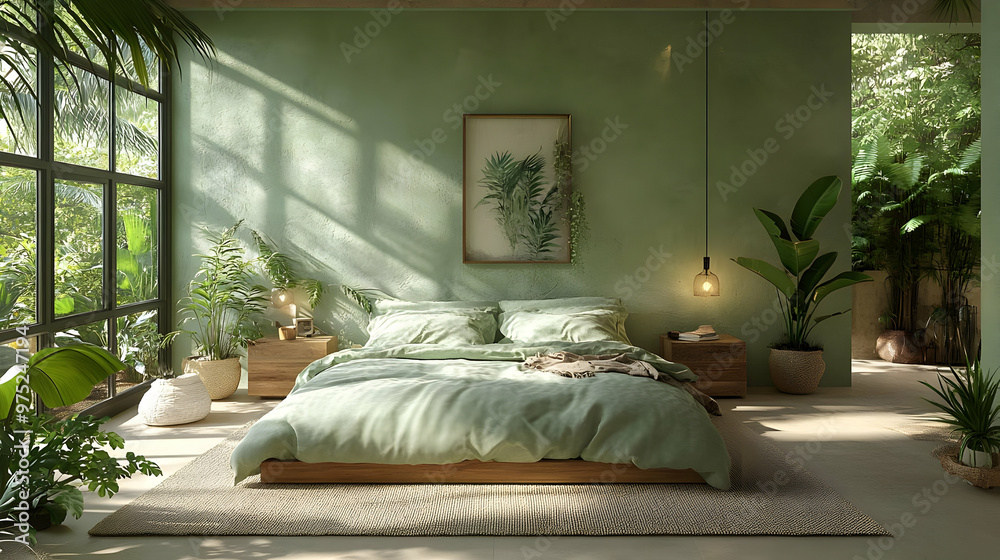 A cozy bedroom with a green color scheme, large windows, and natural light. There are plants in the room, a bed with a green blanket, and a rug on the floor. A cozy bedroom with a green color scheme, large windows, and natural light. There are plants in the room, a bed with a green blanket, and a rug on the floor.