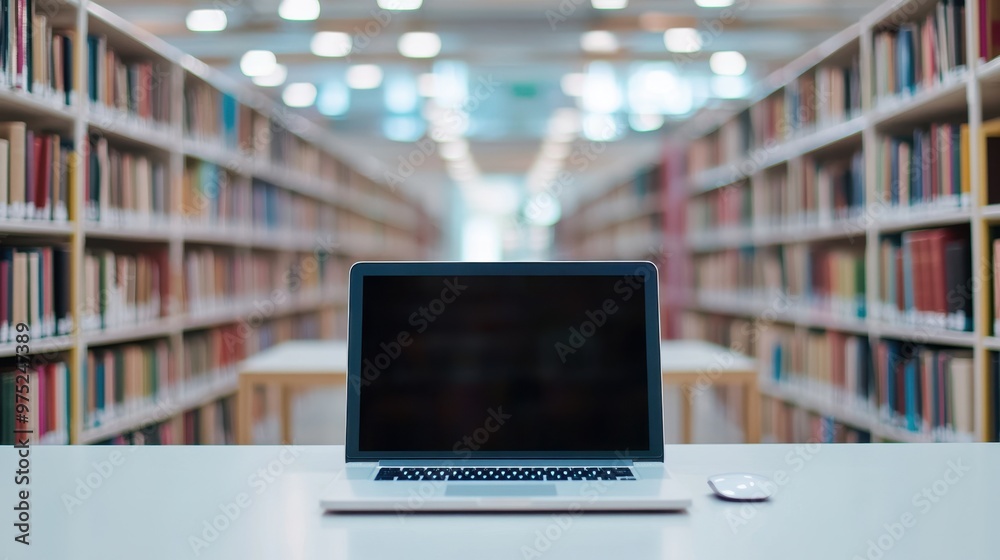 Laptop with blank screen on table in Modern library or bookstore interior with Learning and coworking space,relax zone,Library with rows of bookshelves,school or university,education concept. Laptop with blank screen on table in Modern library or bookstore interior with Learning and coworking space,relax zone,Library with rows of bookshelves,school or university,education concept.
