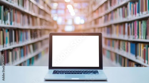 Laptop with blank screen on table in Modern library or bookstore interior with Learning and coworking space,relax zone,Library with rows of bookshelves,school or university,education concept.