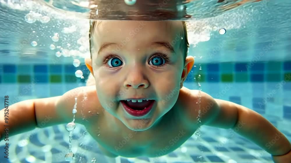 Baby swimming playfully underwater in a colorful pool during a sunny afternoon, showcasing joyful exploration and laughter
