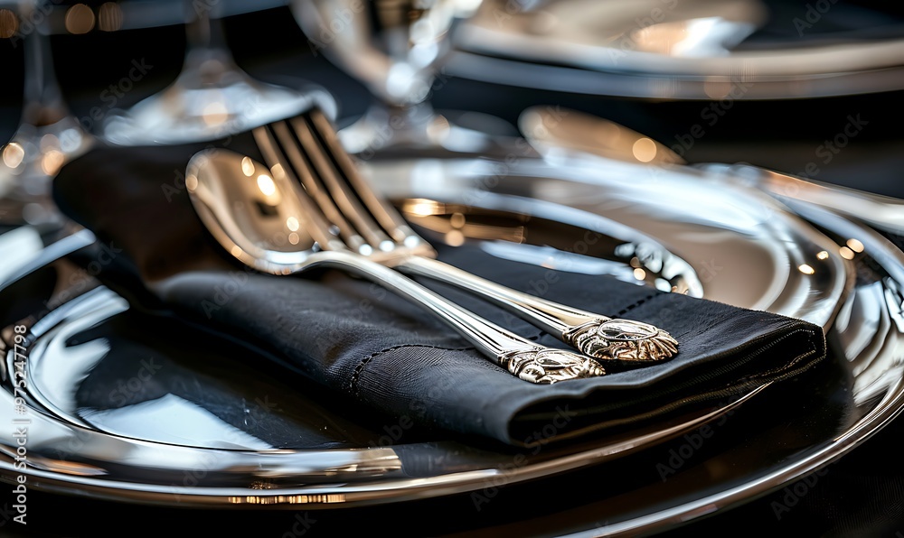 Sterling silverware and napkins on a stack. Close up Sterling silverware and napkins on a stack. Close up