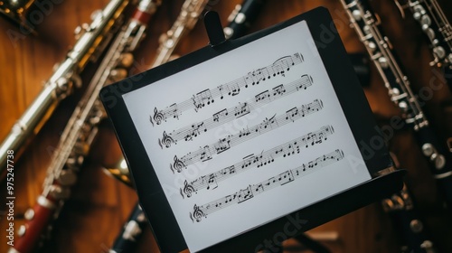 A sheet of music displayed on a stand surrounded by various woodwind instruments.