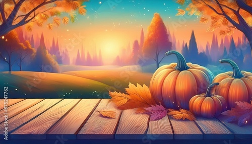 秋、かぼちゃ、落ち葉、夕日、風景、イラスト、秋の森、ナチュラル、自然、紅葉、夕暮れ、手描き、オレンジ、ブルー、幻想的、植物、秋のデザイン、穏やかな風景