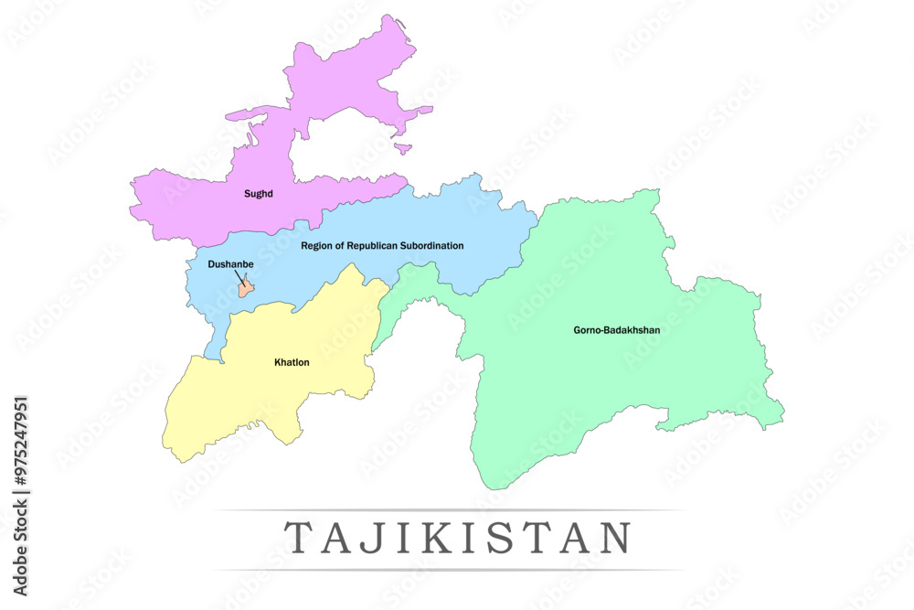 Tajikistan administrative divisions. Tajikistan map illustration vector. Tajikistan administrative divisions. Tajikistan map illustration vector.