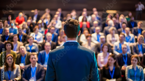 Rear view of people in audience at the conference hall, Speaker giving a talk in conference hall at business event.