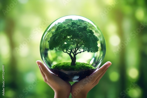 hand holding glass globe ball with tree growing and green nature blur background. eco concept Generative AI