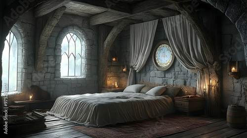 A cozy bedroom with a large bed, stone walls, and arched windows. Candles provide soft lighting.