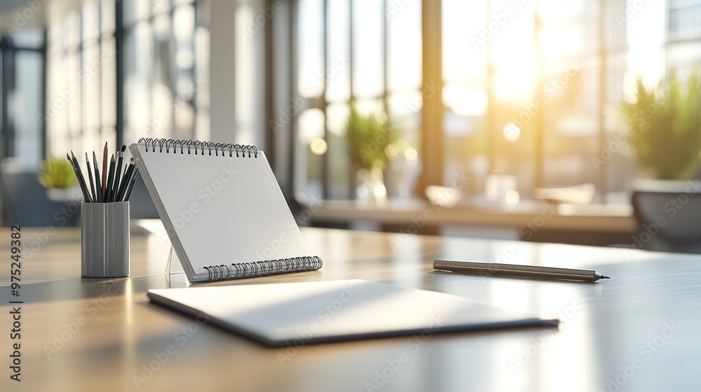 A serene workspace with a notepad and pen, illuminated by natural light.
