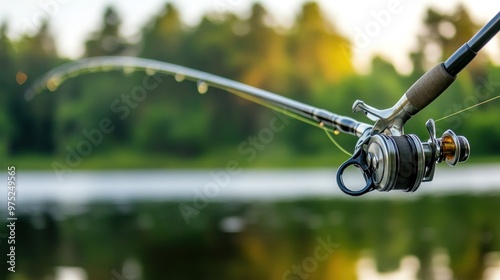 A fishing rod poised over a tranquil lake, capturing a moment of leisure and nature.