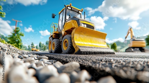 Highway construction, heavy machinery paving the road.