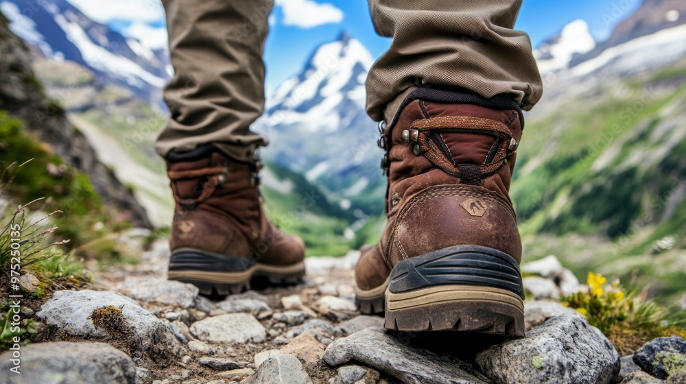 A hiker's boots on a rocky trail with mountains in the background. A hiker's boots on a rocky trail with mountains in the background.