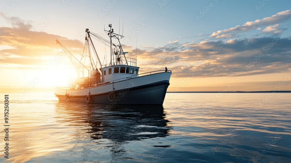 A fishing boat sails on calm waters during a picturesque sunset. A fishing boat sails on calm waters during a picturesque sunset.