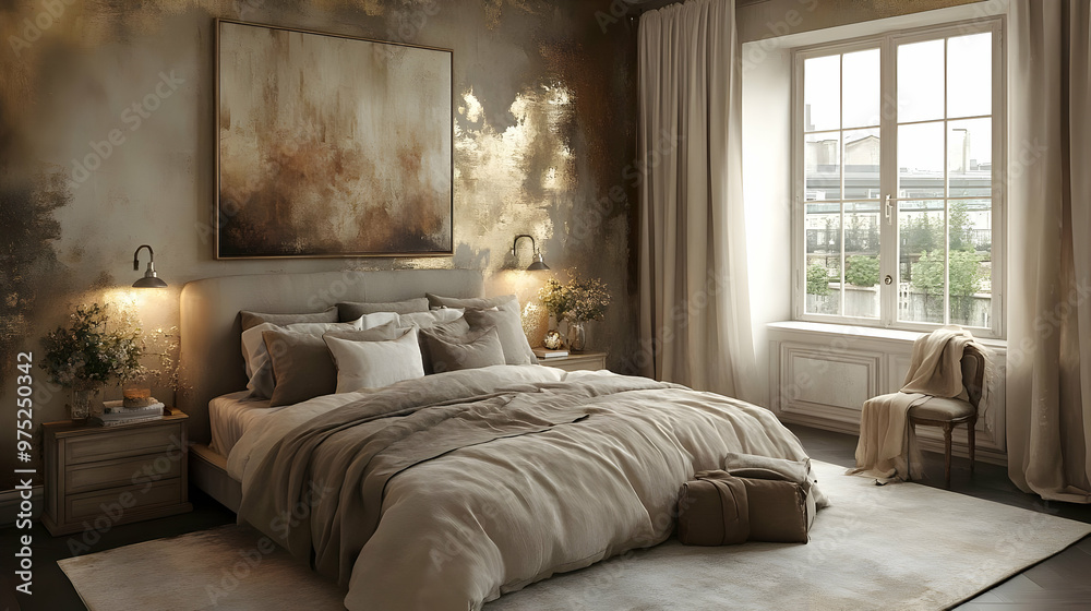 A cozy bedroom with a large window, a bed with linen bedding, and a wooden nightstand. There is a painting on the wall and a chair with a throw blanket in the corner. A cozy bedroom with a large window, a bed with linen bedding, and a wooden nightstand. There is a painting on the wall and a chair with a throw blanket in the corner.