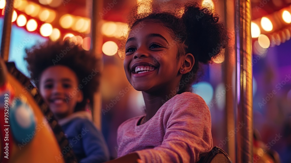 family at a fairground, smiling while riding a carousel, with colorful lights and music in the background family at a fairground, smiling while riding a carousel, with colorful lights and music in the background
