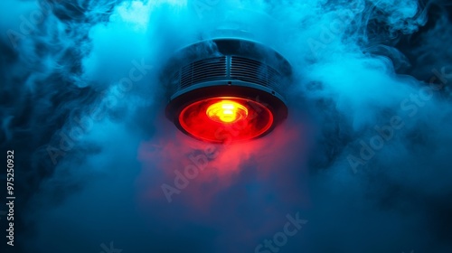 Smoke detector with red warning light amidst swirling blue smoke, safety concept