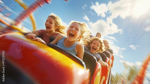 family enjoying a thrilling amusement park ride, with expressions of joy and excitement