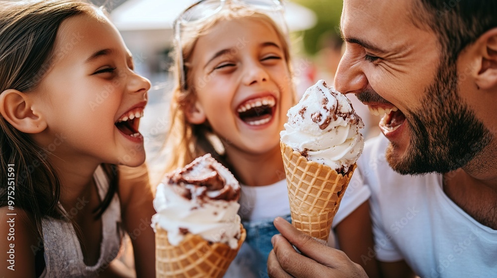 family enjoying ice cream cones on a hot day, with ice cream dripping and everyone laughing family enjoying ice cream cones on a hot day, with ice cream dripping and everyone laughing