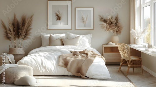 A cozy bedroom with a white duvet,  brown blanket, and a wicker chair next to a window. The room is decorated with dried pampas grass, neutral-colored artwork, and a wooden nightstand.