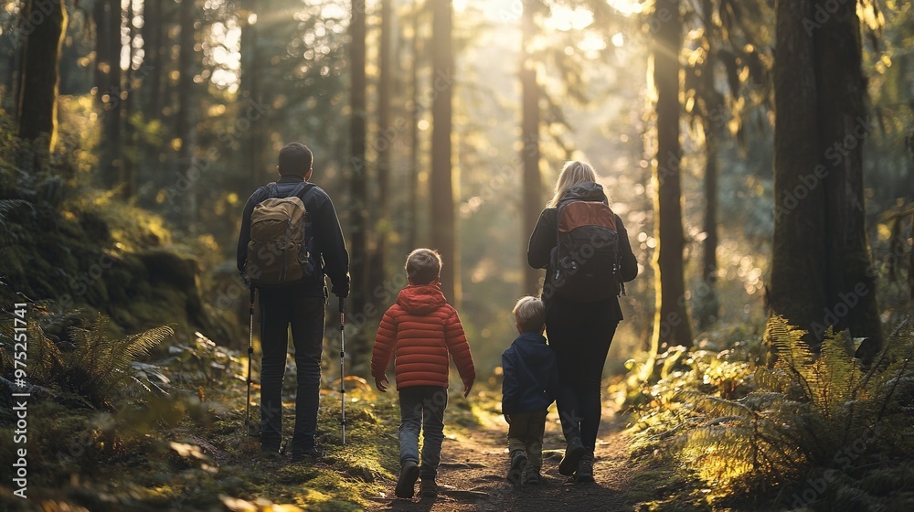 Fototapeta premium family hiking through a dense forest, stopping to admire the view, with sunlight filtering through the trees
