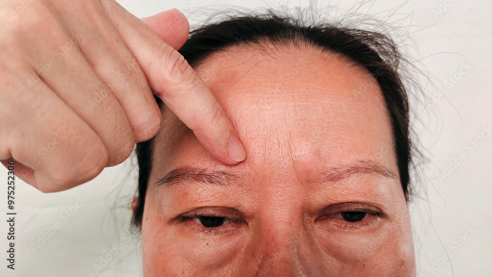Obraz premium portrait the wrinkle and Flabby skin, forehead lines and Flabbiness, dark spots and blemish, scar and acne, swelling and ptosis, edema and loose on the face of middle aged women, health care concept.