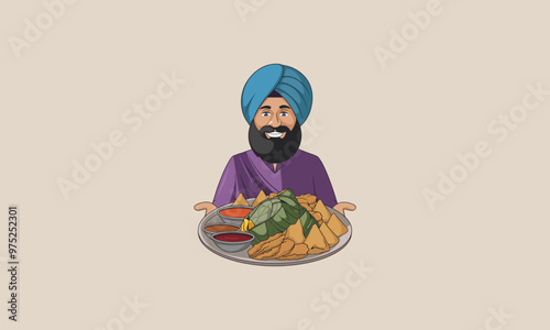 Smiling man in a turban presenting a platter of traditional Indian food.