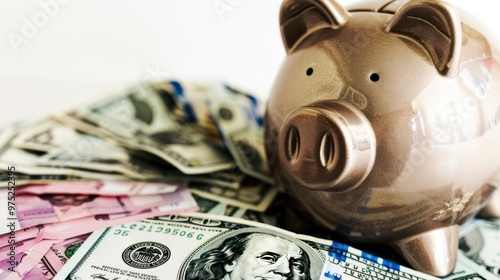 Piggy bank surrounded by various banknotes photo