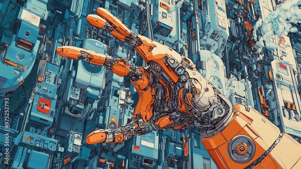 A robotic arm, intricate and detailed, with an orange and gray exterior, against a complex background of blue and white. A robotic arm, intricate and detailed, with an orange and gray exterior, against a complex background of blue and white.