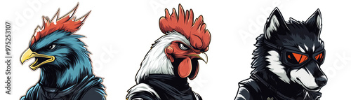 Of Fantasy Football Mascots. Includes a Rooster. Themed French Mascot, a Goal. Striking Robot, and a Black and White Wolf Head Illustration.. Isolated on a Transparent Background. Cutout PNG.