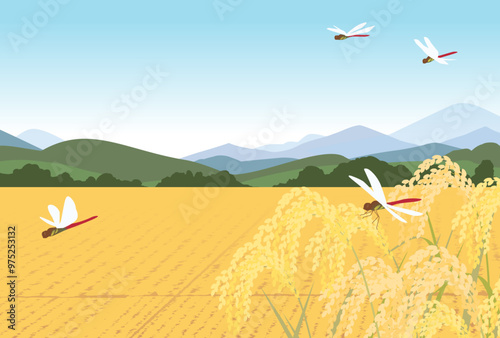 秋の稲田と赤トンボのイラスト