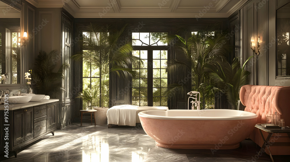 A luxurious bathroom with a large bathtub, a comfortable armchair, and large windows overlooking a lush garden. A luxurious bathroom with a large bathtub, a comfortable armchair, and large windows overlooking a lush garden.