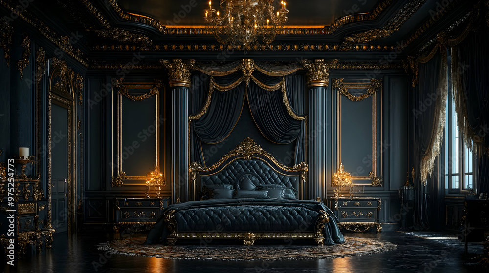Obraz premium A luxurious bedroom with a large bed, black walls, and gold trim.