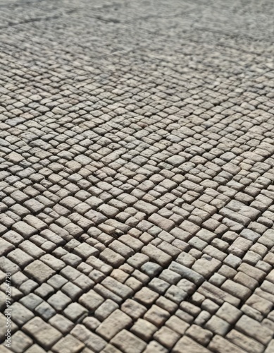 An intricate stone mosaic floor with a detailed pattern creates a textured surface, showcasing the artistry and craftsmanship of mosaic design. Perfect for architectural and design projects.