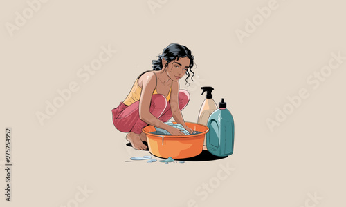 Cute girl washing clothes in a basin with cleaning supplies.