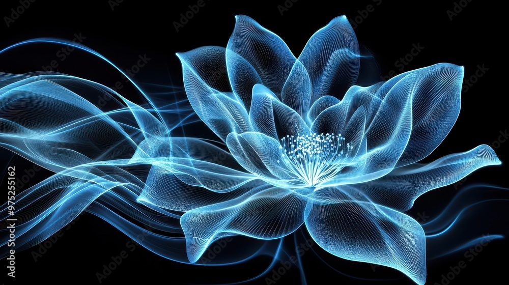 Obraz premium A glowing blue flower dissolving into abstract lines, creating a futuristic sense of motion and digital technology on a dark background