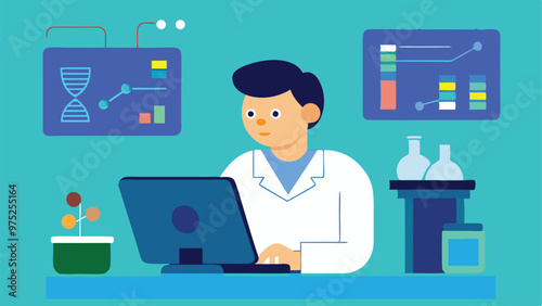 A scientist is working at a desk with a laptop in a laboratory. Surrounding him are lab equipment, charts, and scientific data on display screens.