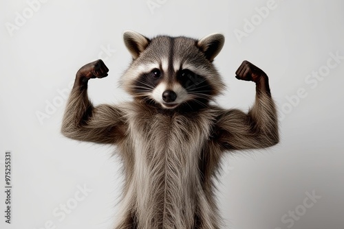 Adorable Raccoon Showing Off Muscles Against a Clean White Background photo