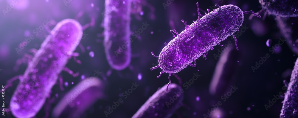 Obraz premium Microscopic view of purple bacteria illuminated under dark field, scientific concept