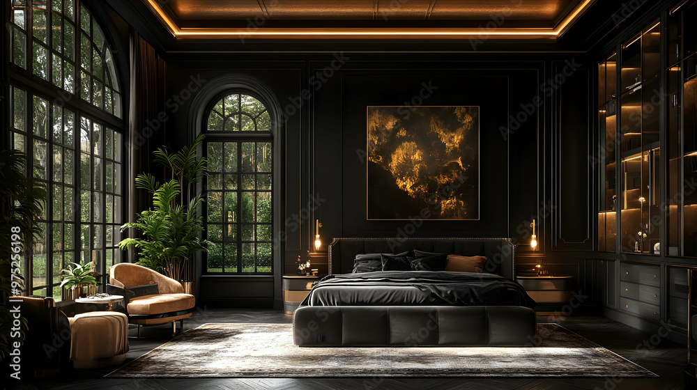A luxurious black bedroom with large windows, a king-size bed, and a plush armchair. The room is decorated with gold accents and a large painting. A luxurious black bedroom with large windows, a king-size bed, and a plush armchair. The room is decorated with gold accents and a large painting.