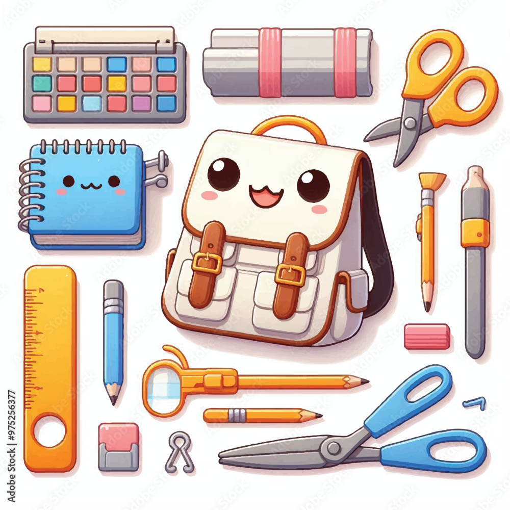 3D school bag and tools in Kawaii style vector illustration on white background, educational tools, EPS10 3D school bag and tools in Kawaii style vector illustration on white background, educational tools, EPS10