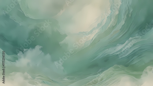 abstract background with soft, diffused textures in light aqua, pastel green, and off-white, reminiscent of gentle waves or clouds in a serene sky photo