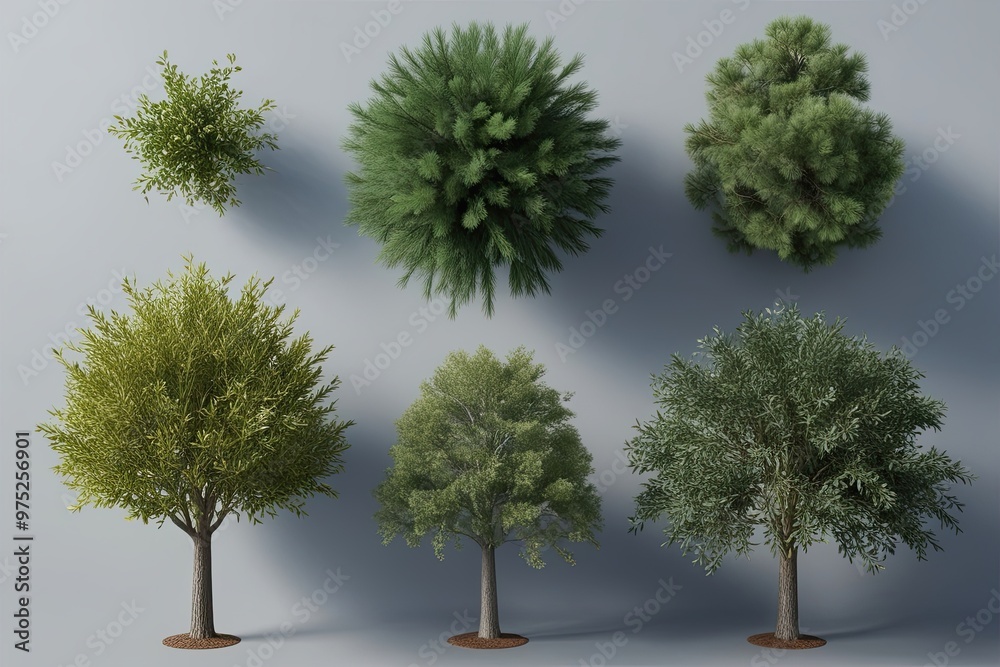 Fototapeta premium Top View 3D Illustration of Pinus Pinaster Willow and Loblolly Pine Trees for Digital Decoration