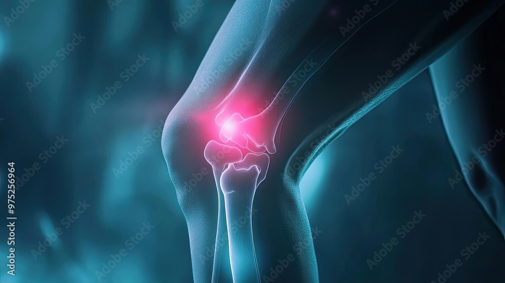 © Tin - Digital illustration of a knee joint with highlighted pain area, showcasing potential injury or condition affecting mobility.