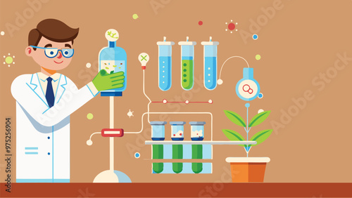Cartoon scientist in lab coat holding flask, surrounded by test tubes, beakers, and a potted plant. Colorful scientific equipment illustration.