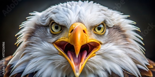 A regal eagle's face features a fearless beak stretching wide, revealing sharp talons as piercing eyes blaze with