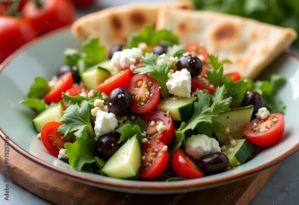 Fresh Mediterranean salad with cucumbers, tomatoes, olives, and feta served with pita bread on a wooden board. Generative AI Fresh Mediterranean salad with cucumbers, tomatoes, olives, and feta served with pita bread on a wooden board. Generative AI