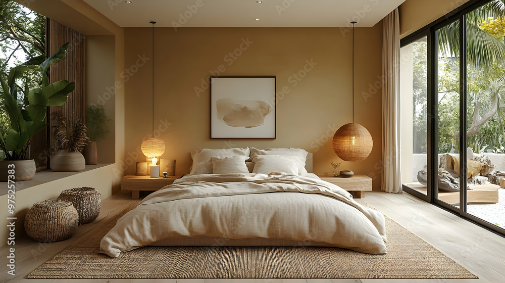 A minimalist bedroom with a king-size bed, two bedside tables, a large window, and a woven rug. There are two wicker pendant lights hanging from the ceiling.